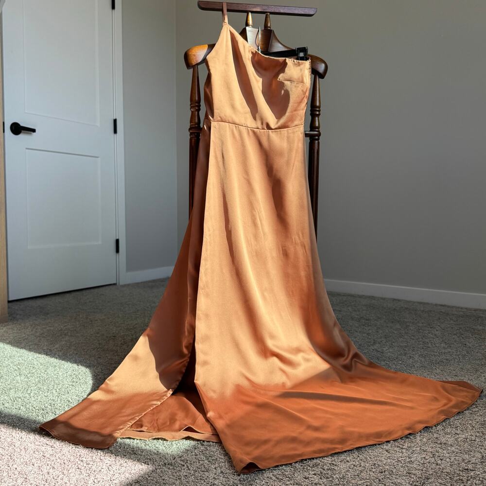 Show Me Your Mumu Shannon One Shoulder Satin Maxi Dress Copper Bronze S USA Prom